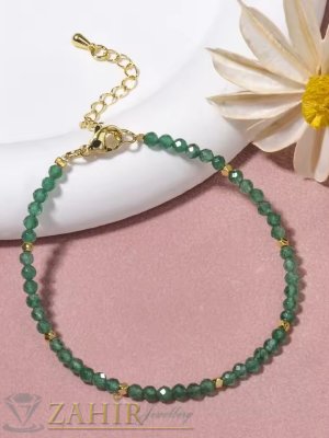 Мега яка гривна за ръка или глезен от естествен зелен халцедон 3 мм топче и стоманени елементи, закопчалка и удължител - GA3087